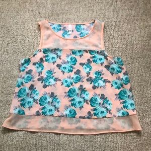 Pink tank top with blue roses
